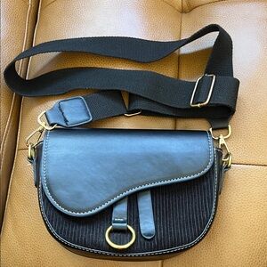Black Mixed-Material Crossbody Bag with Gold Hardware